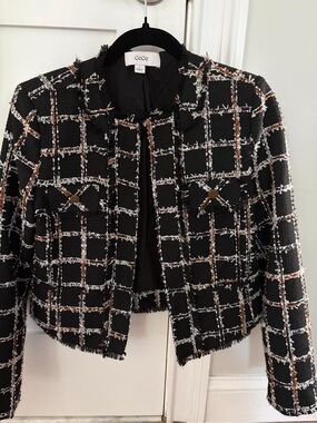 CeCe Black Plaid Tweed Cropped Blazer with Brown & White Windowpane